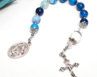 St. ANN single decade pocket rosary in blue stripe agate and white jade stones. Catholic gift. St. Ann Catholic rosary.
