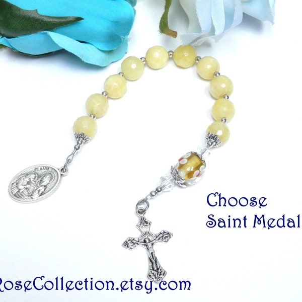 Catholic Rosary, St. Ann, Our Lady of Fatima, St. Rose of Lima, St. Clara of Assisi, large bead rosary, yellow agate stones, Catholic gift