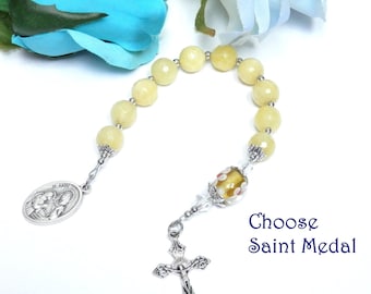 Catholic Rosary, St. Ann, Our Lady of Fatima, St. Rose of Lima, St. Clara of Assisi, large bead rosary, yellow agate stones, Catholic gift