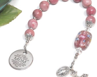 Catholic pocket rosary with MIRACULOUS MEDAL for MOTHER. Rhodonite stones and glass lampwork rosary. Catholic gift for mother