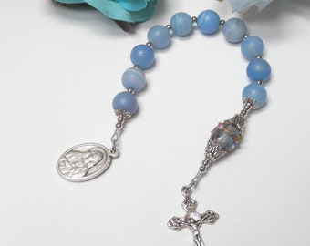 IMMACULATE HEART of MARY gemstone Rosary, Catholic rosary, Sacred Heart of Jesus rosary, Catholic gift, Large blue agate rosary