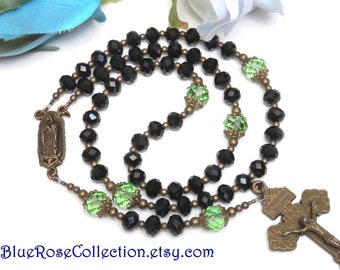 Vintage style rosary. OUR LADY of GUADALUPE in black and green crystals. Catholic rosary. Catholic gift for men and women