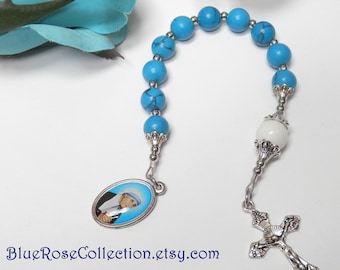 St. MOTHER THERESE of CALCUTA pocket rosary in blue chalk turquoise and white agate stones. Catholic gift.