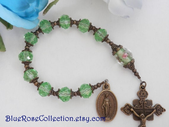 Green Crystal Miraculous Medal Rosary Beads Deluxe Genuine Crystal 