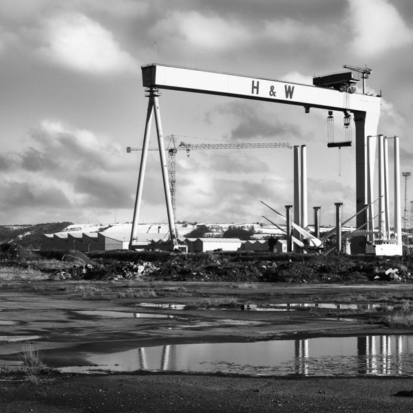 Harland & Wolff Cranes Print, Belfast, Titanic Quarter, Northern Ireland, Black and white, Irish Landscape Prints, Shipbuilding, shipyard