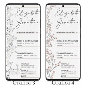 May include: Two wedding invitation designs with floral borders. The text reads "Elizabeth + Jonathan" and includes the date "Domenica, 19 Agosto 2023". The invitations list the church and reception venue with addresses and phone numbers.