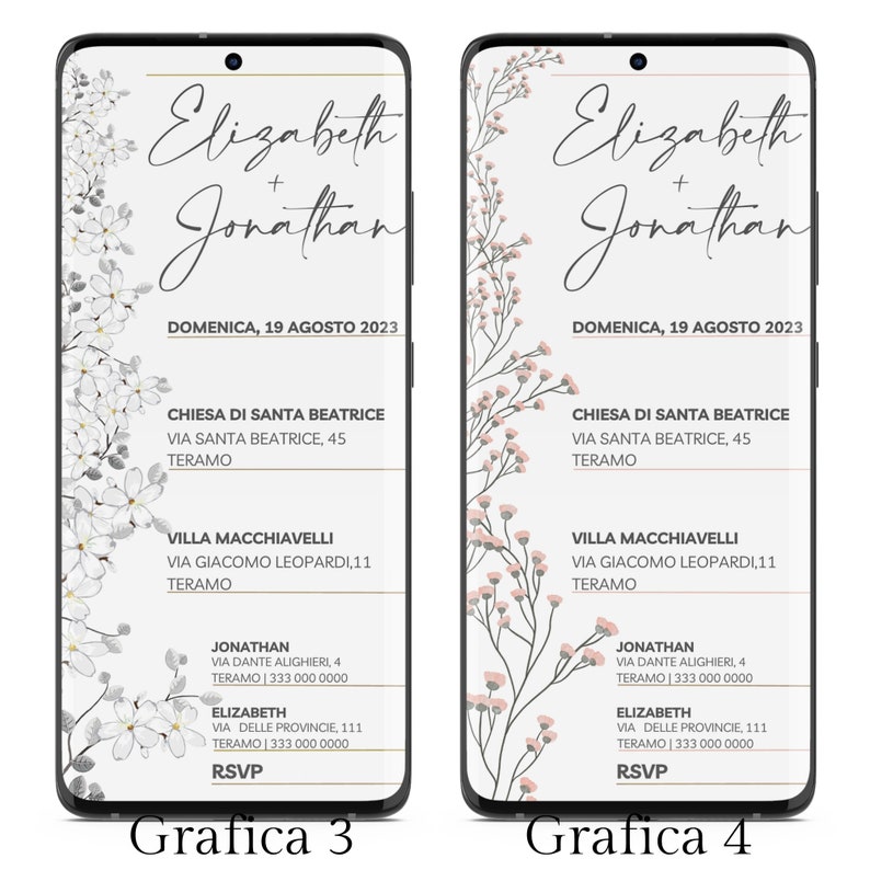 May include: Two wedding invitation designs with floral borders. The text reads "Elizabeth + Jonathan" and includes the date "Domenica, 19 Agosto 2023". The invitations list the church and reception venue with addresses and phone numbers.