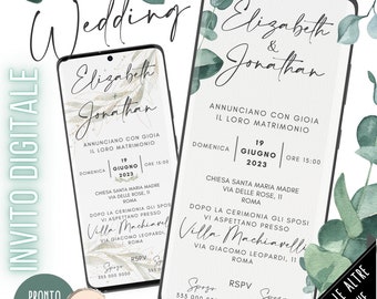 May include: A digital wedding invitation with a watercolor background featuring eucalyptus leaves. The invitation announces the wedding of Elizabeth and Jonathan on Sunday, June 19, 2023, at 3:00 PM at Chiesa Santa Maria Madre, Via Delle Rose, 11, Roma. The reception will be held at Villa Machiavelli, Via Giacomo Leopardi, 11, Roma. The invitation includes contact information for the bride and groom.