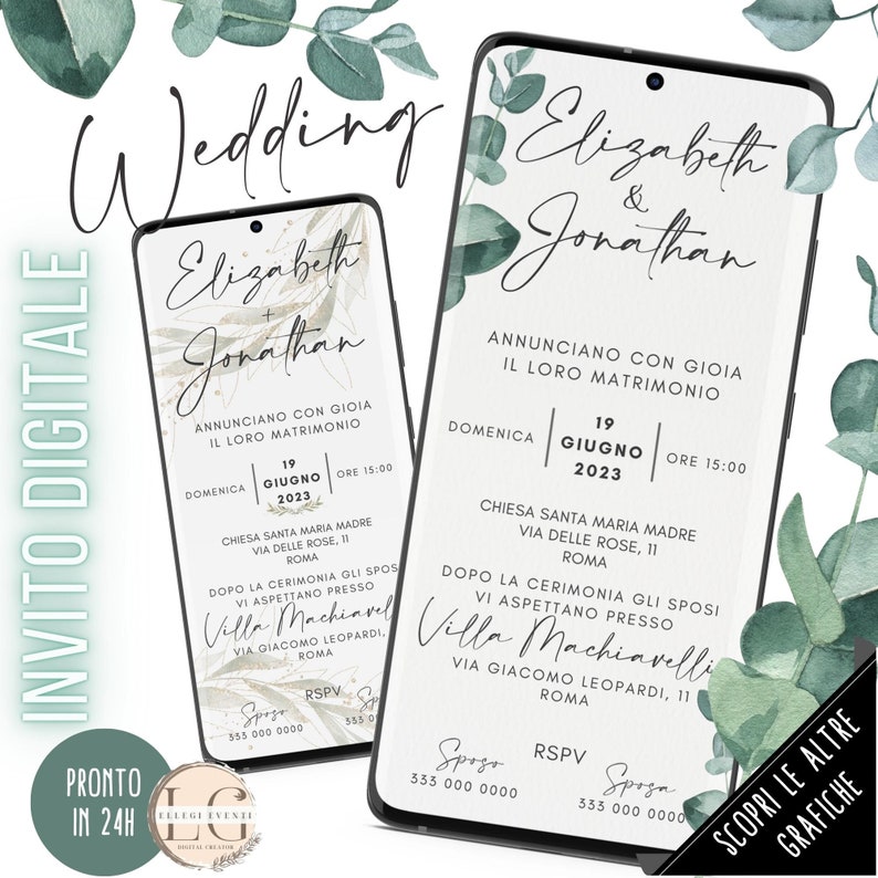 May include: A digital wedding invitation with a watercolor background featuring eucalyptus leaves. The invitation announces the wedding of Elizabeth and Jonathan on Sunday, June 19, 2023, at 3:00 PM at Chiesa Santa Maria Madre, Via Delle Rose, 11, Roma. The reception will be held at Villa Machiavelli, Via Giacomo Leopardi, 11, Roma. The invitation includes contact information for the bride and groom.