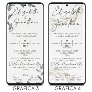 May include: A wedding invitation with a watercolor floral design in shades of green and gold. The invitation announces the marriage of Elizabeth and Jonathan on Sunday, June 19, 2023, at 3:00 PM. The ceremony will be held at Chiesa Santa Maria Madre, Via Delle Rose, 11, Roma. The reception will be held at Villa Machiavelli, Via Giacomo Leopardi, 11, Roma. RSVP information is included at the bottom of the invitation.