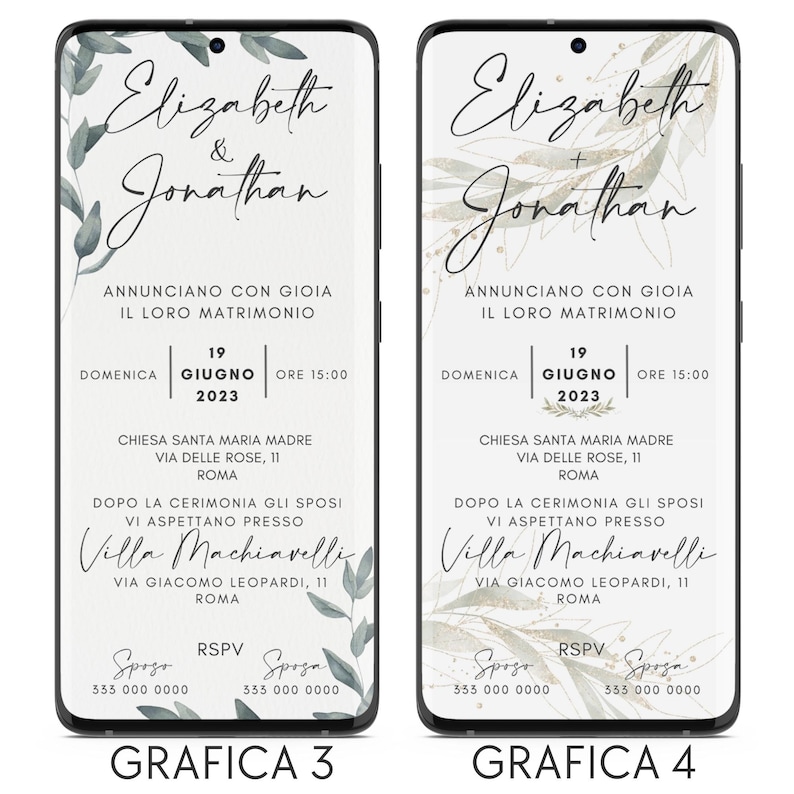 May include: A wedding invitation with a watercolor floral design in shades of green and gold. The invitation announces the marriage of Elizabeth and Jonathan on Sunday, June 19, 2023, at 3:00 PM. The ceremony will be held at Chiesa Santa Maria Madre, Via Delle Rose, 11, Roma. The reception will be held at Villa Machiavelli, Via Giacomo Leopardi, 11, Roma. RSVP information is included at the bottom of the invitation.