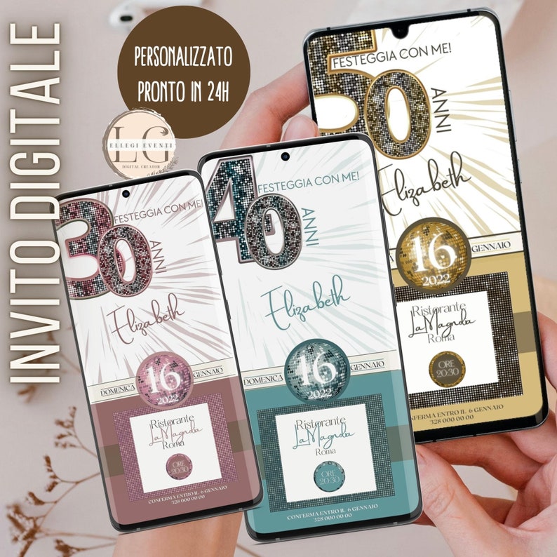 May include: A digital invitation for a birthday party. The invitation is designed to look like a smartphone screen. The background is a light blue with a glittery design. The text on the invitation says "Festeggia con me!" which means "Celebrate with me!" in Italian. The invitation also includes the name "Elizabeth" and the date "16 Gennaio 2022".