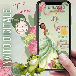 Può includere: Un invito digitale per una festa di compleanno con uno sfondo floreale verde e rosa con un'immagine di cartone animato della principessa Tiana del film Disney La Principessa e il Ranocchio. L'invito include il testo "Il Compleanno di Camilla 6 anni Gennaio 16 Mercoledi Ore 17:30 Ristorante Il Giardino Via Dante Alighieri, 11 Milano".