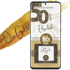 May include: A gold and black smartphone screen displaying a birthday invitation for Elizabeth's 50th birthday party. The invitation features a gold disco ball, the text "Festeggia con me!" and "Oro Gold" in a gold script font. The party is scheduled for Sunday, January 16, 2022 at 8:30 PM at Ristorante La Magnda in Rome.