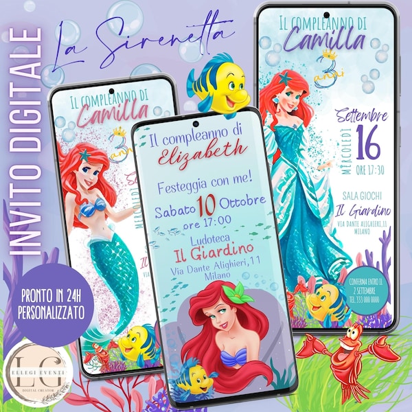 INVITO DIGITALE COMPLEANNO Principessa Ariel - La Sirenetta- per whatsapp e tutti i canali social che preferisci!
