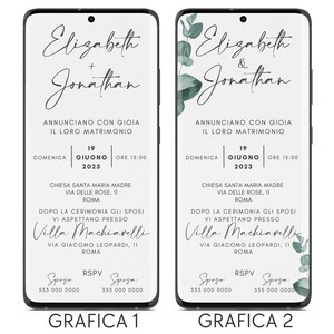 May include: Two wedding invitation designs with a white background. The first design is simple with black text. The second design has a watercolor background with eucalyptus leaves and black text. Both designs announce the wedding of Elizabeth and Jonathan on June 19, 2023, at 3:00 PM at Chiesa Santa Maria Madre in Rome. The reception will be held at Villa Machiavelli. RSVP information is included at the bottom of each design.