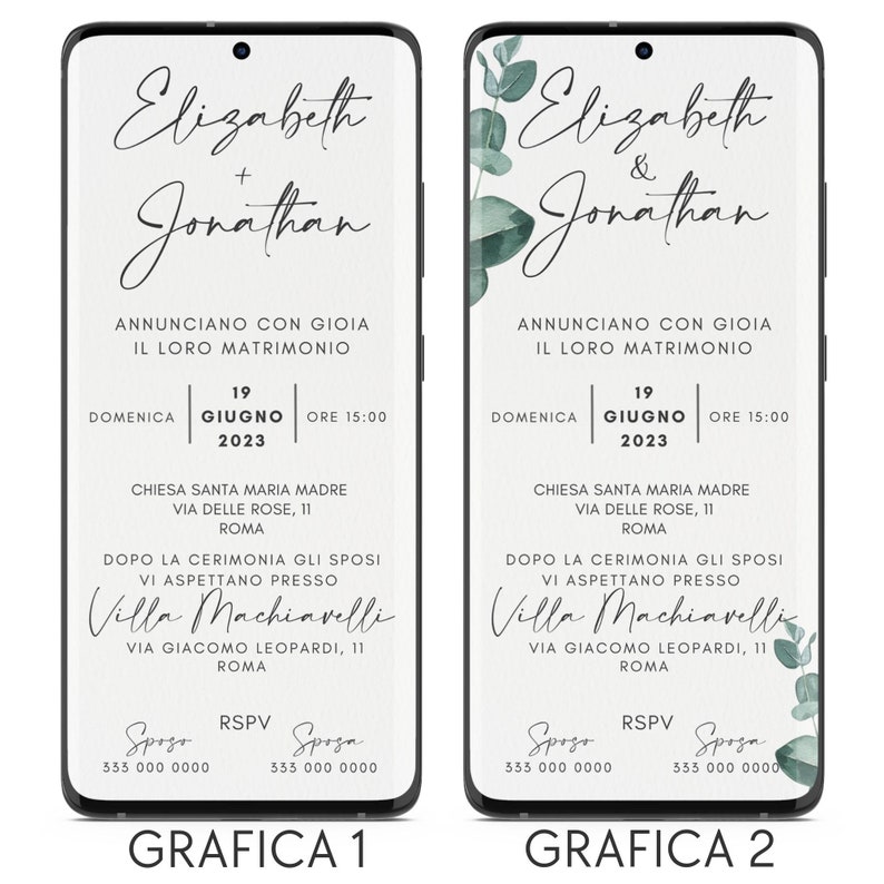 May include: Two wedding invitation designs with a white background. The first design is simple with black text. The second design has a watercolor background with eucalyptus leaves and black text. Both designs announce the wedding of Elizabeth and Jonathan on June 19, 2023, at 3:00 PM at Chiesa Santa Maria Madre in Rome. The reception will be held at Villa Machiavelli. RSVP information is included at the bottom of each design.