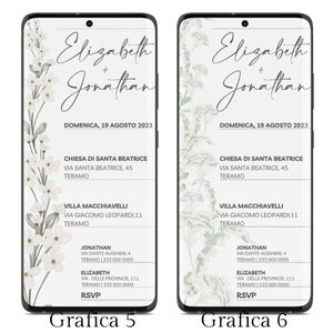 May include: Two white and green floral wedding invitation designs with the names Elizabeth and Jonathan, the date Domenica, 19 Agosto 2023, and the text Chiesa di Santa Beatrice, Via Santa Beatrice, 45, Teramo, Villa Macchiavelli, Via Giacomo Leopardi, 11, Teramo, Jonathan, Via Dante Alighieri, 4, Teramo | 333 000 0000, Elizabeth, Via delle Provincie, 111, Teramo | 333 000 0000, RSVP, Grafica 5, Grafica 6.