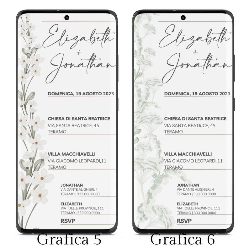 May include: Two white and green floral wedding invitation designs with the names Elizabeth and Jonathan, the date Domenica, 19 Agosto 2023, and the text Chiesa di Santa Beatrice, Via Santa Beatrice, 45, Teramo, Villa Macchiavelli, Via Giacomo Leopardi, 11, Teramo, Jonathan, Via Dante Alighieri, 4, Teramo | 333 000 0000, Elizabeth, Via delle Provincie, 111, Teramo | 333 000 0000, RSVP, Grafica 5, Grafica 6.
