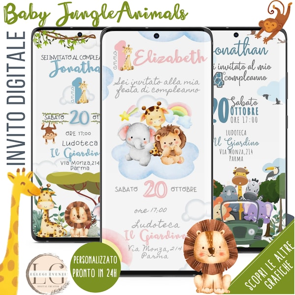 DIGITAL BIRTHDAY INVITATION Baby Jungle Animals - Boy and Girls - for whatsapp and all social channels!