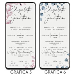 May include: A wedding invitation with a watercolor floral design in pink and blue. The invitation announces the marriage of Elizabeth and Jonathan on Sunday, June 19, 2023, at 3:00 PM. The ceremony will be held at Chiesa Santa Maria Madre, Via Delle Rose, 11, Roma. The reception will be held at Villa Machiavelli, Via Giacomo Leopardi, 11, Roma. The invitation includes contact information for the bride and groom.