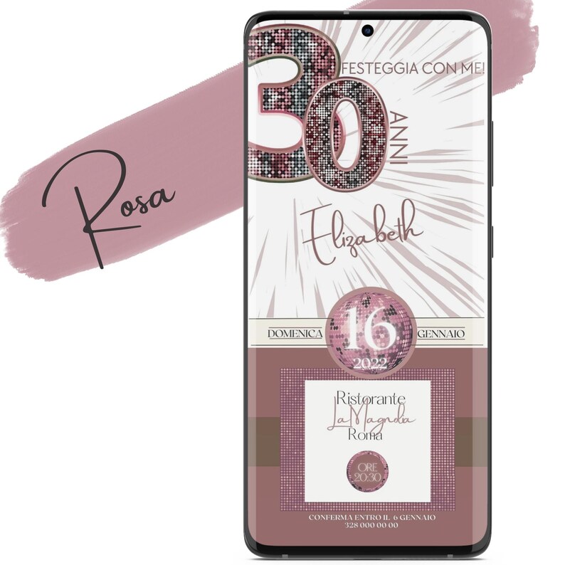 May include: A pink and gold digital invitation for a 30th birthday party. The invitation features a glittery number 30, the name Elizabeth, and the date Sunday, January 16, 2022. The invitation also includes the name of the restaurant, La Magnda, and the time, 8:30 PM.