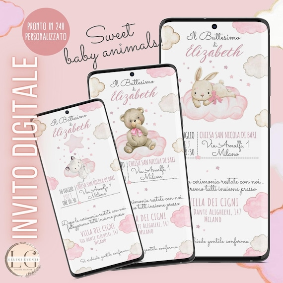 Inviti Digitali Battesimo Orsetto Rosa - File JPG Per WhatsApp, Social - Foto 7