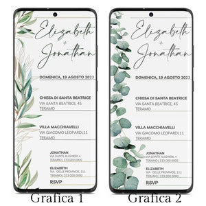 May include: Two phone screen mockups with a wedding invitation design. The design features a white background with green eucalyptus leaves and gold accents. The text reads "Elizabeth + Jonathan" and includes the date "Domenica, 19 Agosto 2023". The invitation also lists the church and reception venue.