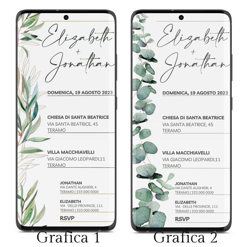 May include: Two phone screen mockups with a wedding invitation design. The design features a white background with green eucalyptus leaves and gold accents. The text reads "Elizabeth + Jonathan" and includes the date "Domenica, 19 Agosto 2023". The invitation also lists the church and reception venue.
