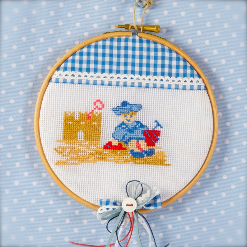 Embroidered 6 Wooden Hoop artcross-stitchlittle boy on image 0