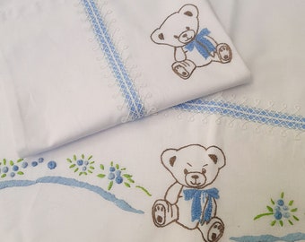 Romantic baby bear, bedding, baby sheet, hand embroidery, baby crib, cradle, baby shower, new born, baby boy bedding, birthday, baptism,