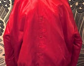 Vintage 1980s Satin Quilted Red and White Nylon Bomber Stadium Jacket Official Sportswear Jacket Snap Front Retro Unisex Made in USA