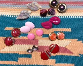 Vintage 1980s Lot of 10 Pairs of Pierced Earrings Pink Purple Coral Metal Enamel Plastic Pierced Earrings Novelty Earrings Retro Costume