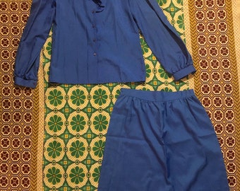 Vintage 1970s 1980s Two Piece Blouse and Skirt Set Blue with Polka Dots Secretary Set from i.d. by Ship'n Shore Retro Boho Hippie Mod