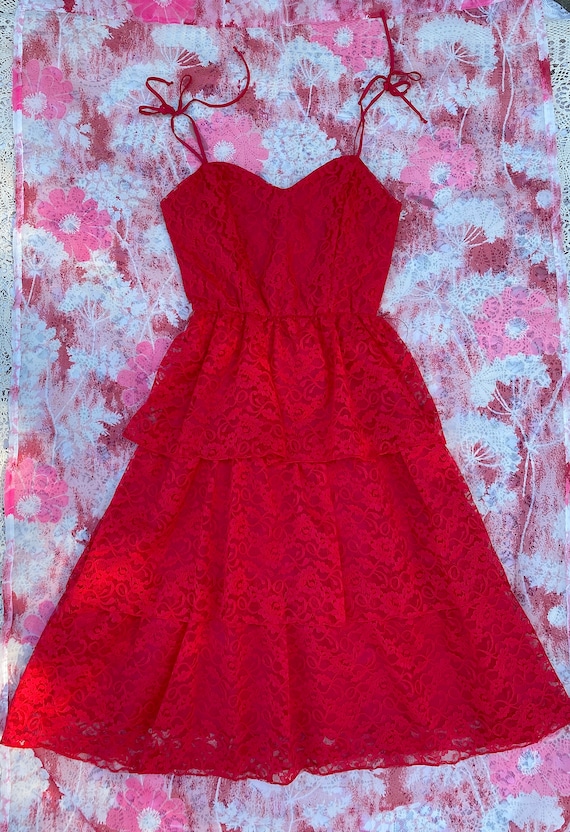 Vintage 1980s Red Lace Tiered Dress by Latitudes … - image 1