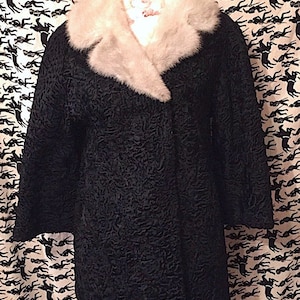 Vintage 1950s Black Astrakhan Fur Coat with Black Rolled Mink Collar Size M