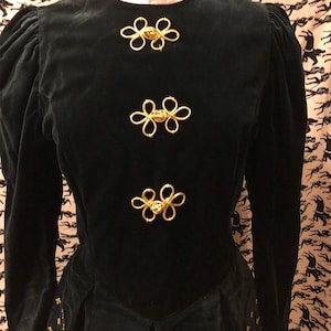 Vintage 1980s Black Velvet Dress by Jan Briggs Gold Detail Retro Party Dress Prom Costume Peplum Dress 80s Designer Dress