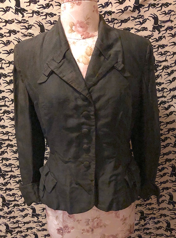 Vintage 1940s Black Silk Fitted Blazer Jacket Str… - image 2