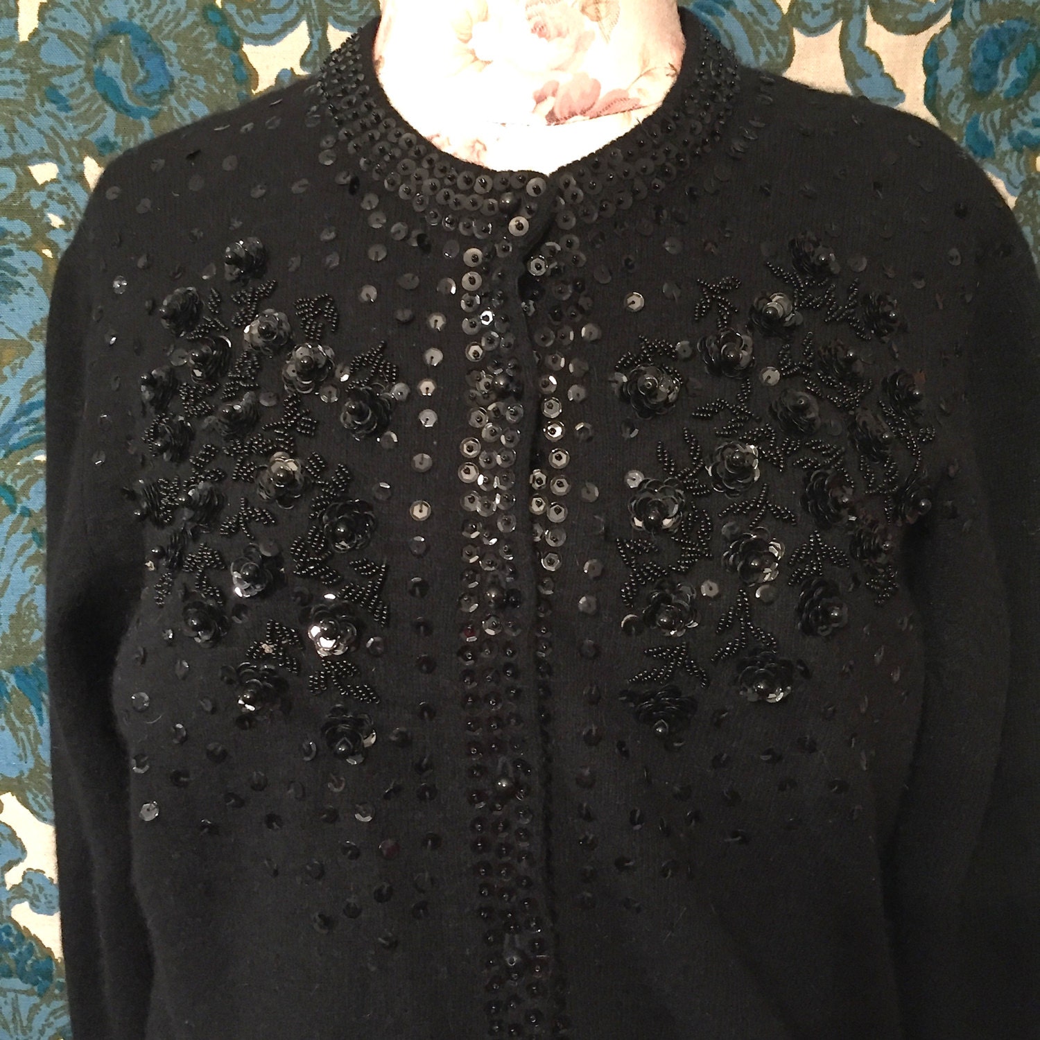 VTG Berek black cardigan sweater Love Valentines beads sequins