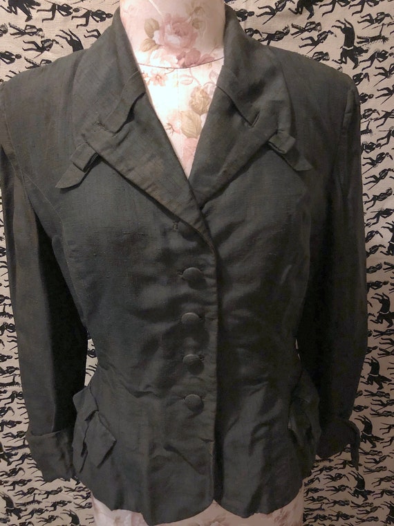 Vintage 1940s Black Silk Fitted Blazer Jacket Str… - image 1