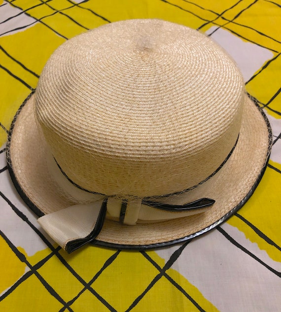 Vintage 1960s White Straw Hat with Black Patent Tr