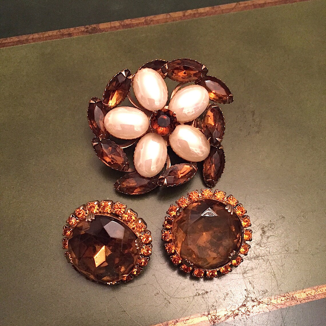 Vintage 1950s Amber Rhinestone Drop Earrings
