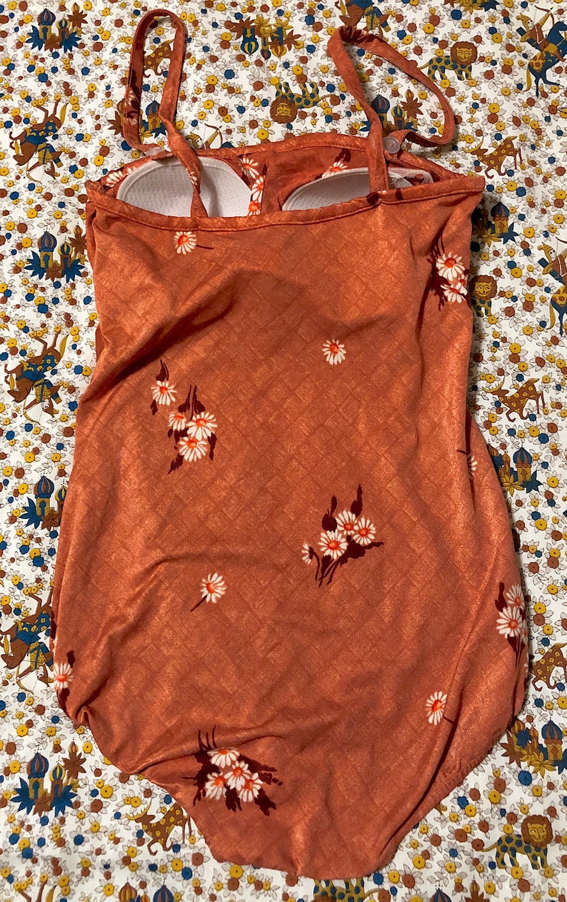 Vintage 1970s 1980s Brown Floral Mainstream Some-Body One Piece Swimsuit Daisy Swimsuit Bathing Suit Hippie Boho Festival Picnic Swimsuit