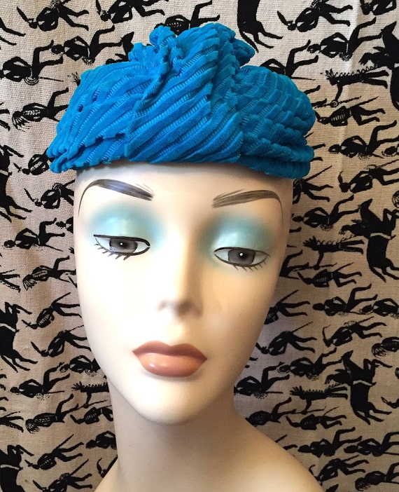 Vintage 1950s Velvet Turban Hat Turquoise Velvet … - image 1