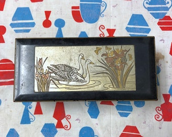Vintage 1960s 1970s Westland Original Made in Japan Music Box Jewelry Box Black Lacquer and Pewter Inlay Swans Water Flowers Collectible