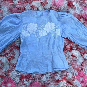 Vintage 1980s Embroidered Blue and White Linen Blouse by Liberty & Lucrezia Cloak of Many Colors Embroidered Peasant Blouse Cottage Core