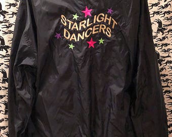 Vintage 1980s Black Nylon Bomber Stadium Jacket Snap Front Retro Unisex Starlight Dancers Nylon Jacket by Cardinal