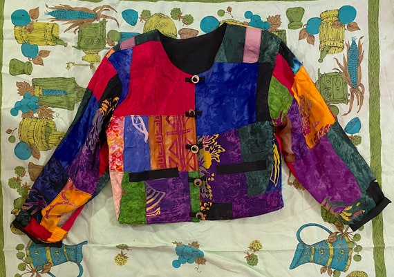 Vintage 1980s 1990s Multicolor Patchwork Lightwei… - image 1