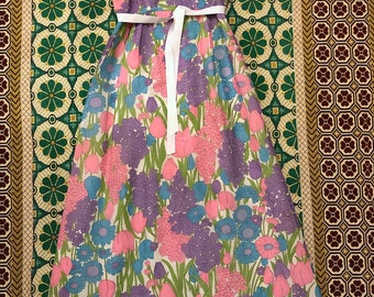 Vintage 1960s Floral Cotton Blend Maxi Sundress Floral Gown Ruffle Strap Mod Hippie Boho Tulip Daisy Dress by Kristie Lou Juniors California