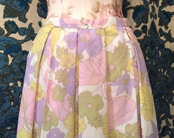 Vintage 1950s 1960s Spring in Paris Floral Nylon Full Skirt with Pleats Retro Mod
